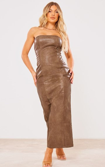 Brown Washed Faux Leather Bandeau Dress