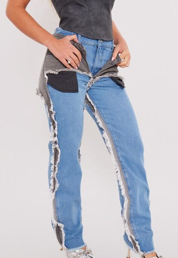 Light Blue Wash Layered Effect Straight Leg Jeans