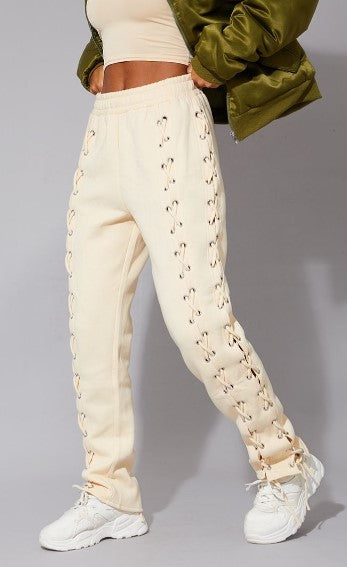 Cream Lace Up Detail Oversized Joggers