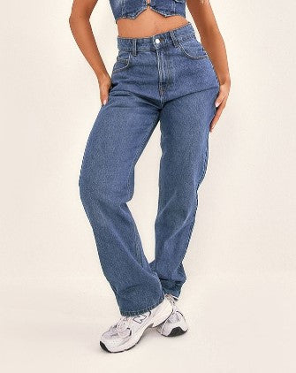 BLUE WASH HIGH RISE STRAIGHT LEG JEANS