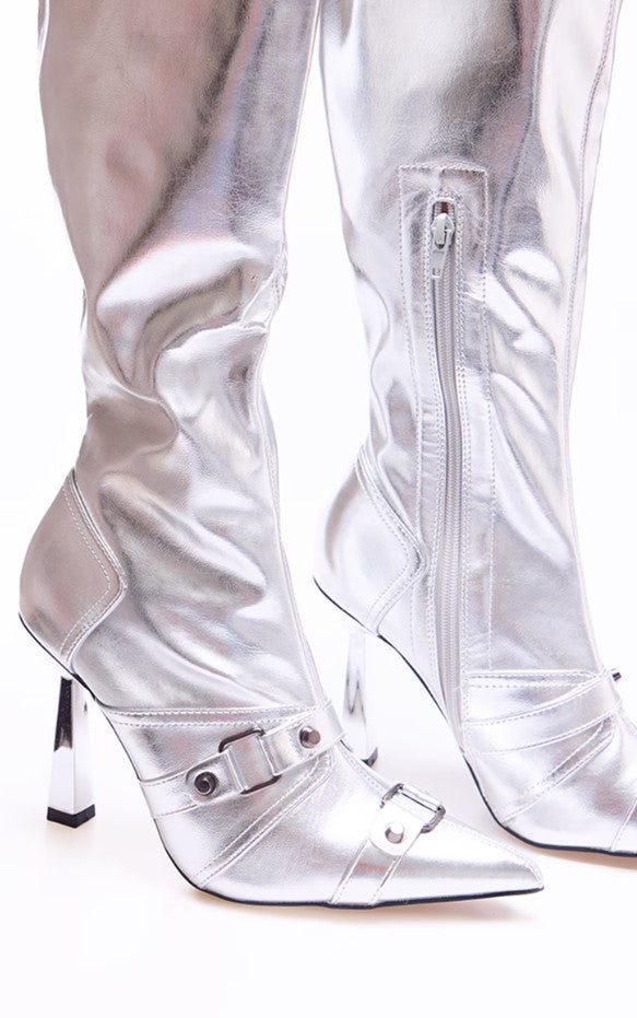 Silver Pu Metallic Buckle Detail High Heeled Knee Boots