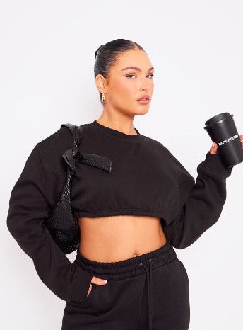 Black Cropped Elasticated Hem Sweatshirt