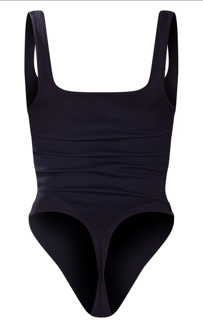 Black Contour Rib Square Neck Sleeveless Bodysuit