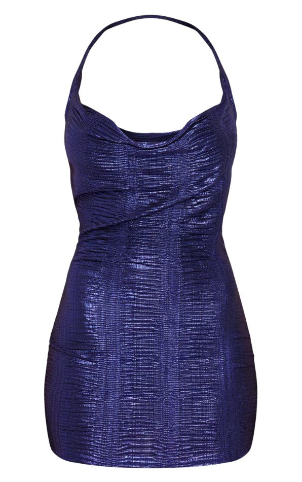 Dark Blue Textured Glitter Halterneck Cowl Bodycon Mini Dress