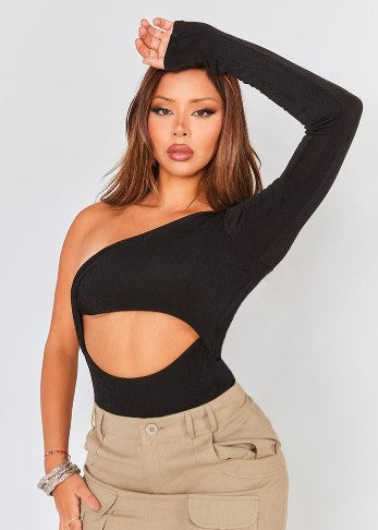 Black Acetate Slinky One Shoulder Cut Out Bodysuit