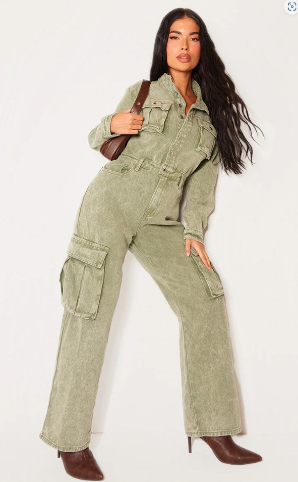 Petite Washed Green Denim Cargo Wide Leg Jumpsuit