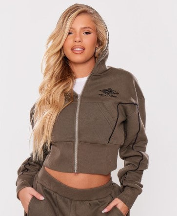 Khaki Cropped Contrast Stitch Zip Through Hoodie