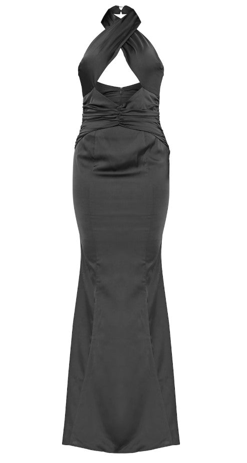 Black Satin Cross Front Ruched Maxi Dress