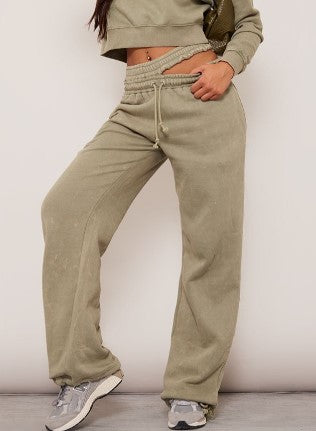 TALL GREEN ACID WASH CUT OUT WAISTBAND DETAIL JOGGERS