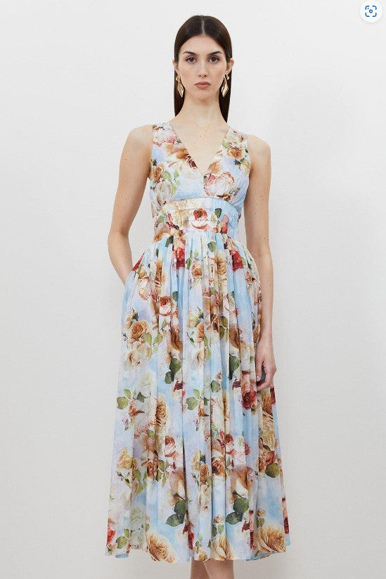 Silk Cotton Rose Print Plunge Woven Maxi Dress