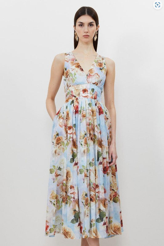 Silk Cotton Rose Print Plunge Woven Maxi Dress