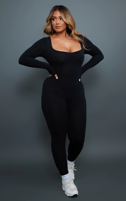 Shape Black Contour Jersey Ruched Bust Long Sleeve Jumpsuit