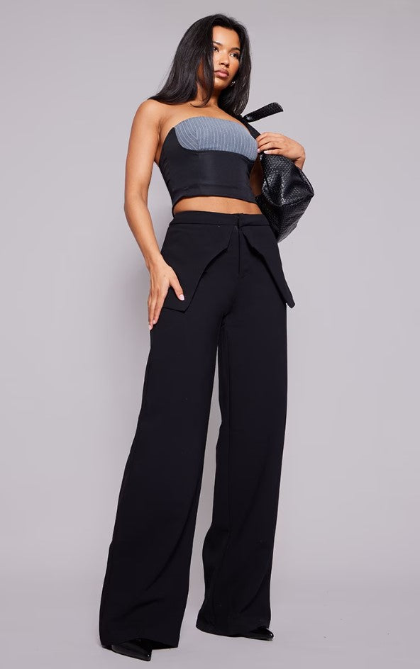 Black High Waisted Peplum Detail Straight Leg Trousers