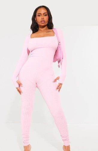 Shape Candy Pink Contour Rib Square Neck Thumb Hole Jumpsuit