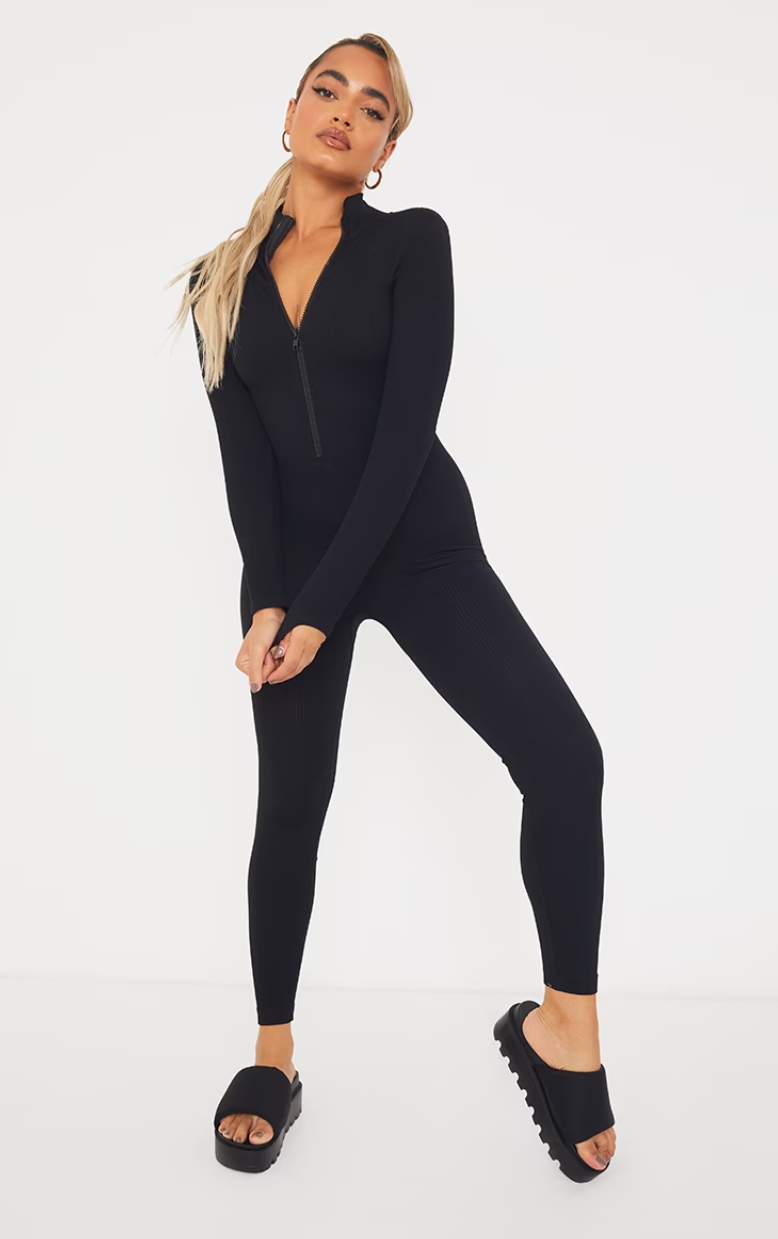 Petite Black Structured Ribbed Jumpsuit