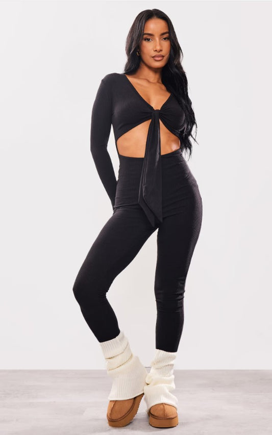 Black Ribbed Wrap Tie Long Sleeve Jumpsuit