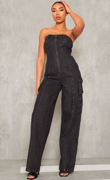 Tall Washed Black Bandeau Cargo Pocket Detail Jumpsuit