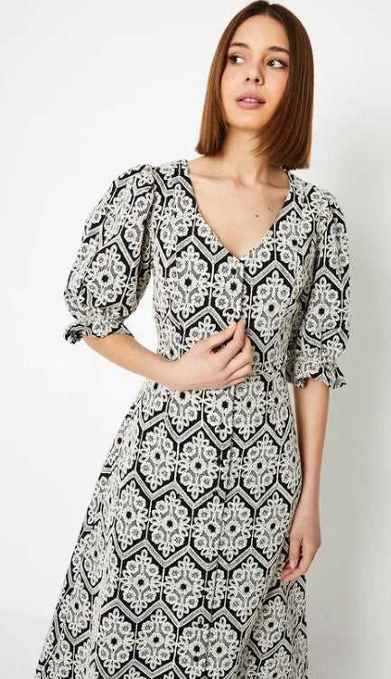 Black Broderie Button Through Midi Dress