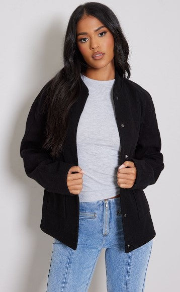 TALL BLACK OVERSIZED WOOL LOOK BOMBER JACKET