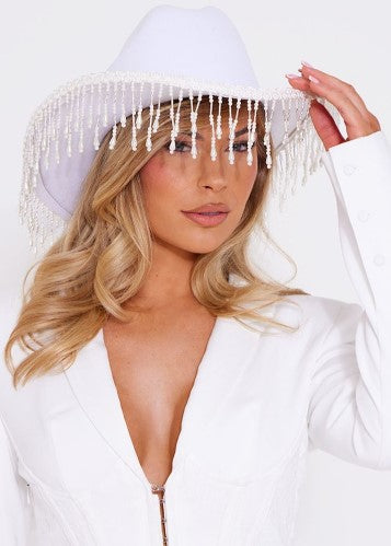 White Pearl Tassel Detail Bridal Cowboy Hat