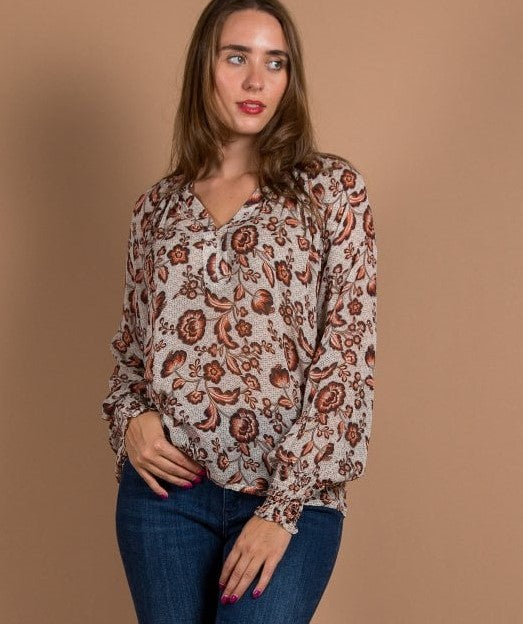 PART TWO Ketta Floral Print V Neck Viscose Blouse Brown/orange