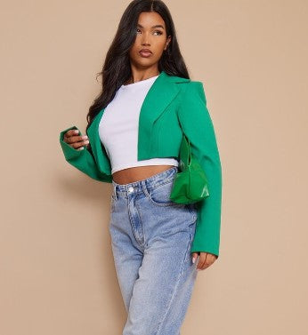 Green Basic Seam Detail Woven Cropped Blazer