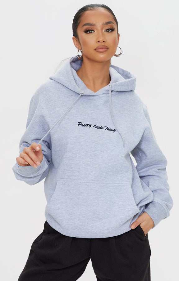 Petite Grey Marl Oversized Embroidered Hoodie