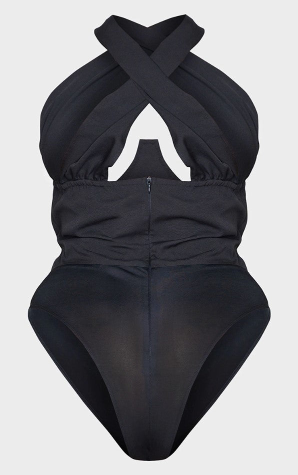 Plus Black Woven Cross Front Underwired Bodysuit