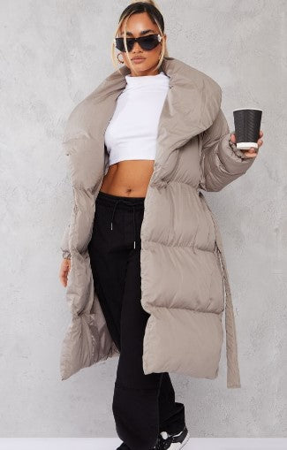 Petite Charcoal Oversized Collar Belted Longline Puffer