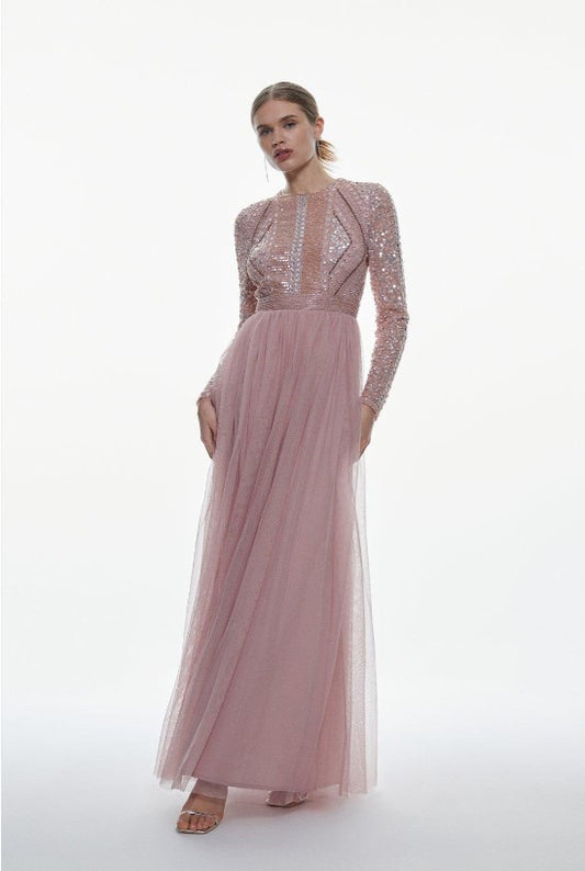 Mink Embellished Bodice Tulle Skirt Woven Maxi Dress