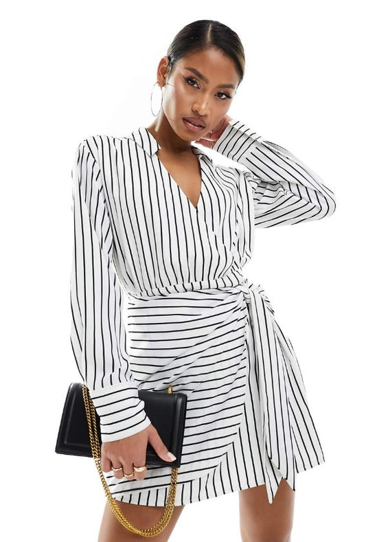 Abercrombie & Fitch long sleeve draped striped shirt dress in white