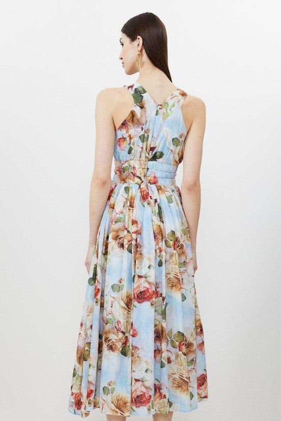 Silk Cotton Rose Print Plunge Woven Maxi Dress