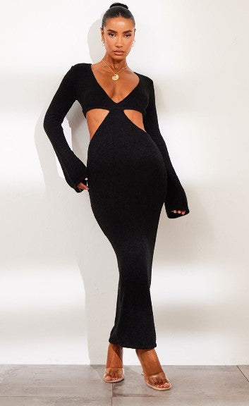 Black Bobble Knit Long Sleeve Cut Out Maxi Dress