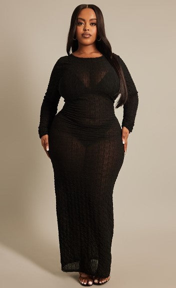 Plus Black Textured Detail Mesh Long Sleeve Maxi Dress