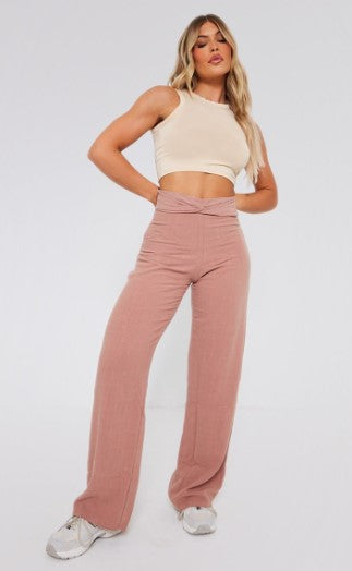 Mocha Linen Feel Twist Waistband Straight Leg Trousers