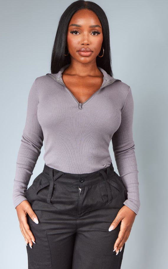 Shape Charcoal Ribbed Extended Neck Bodysuit