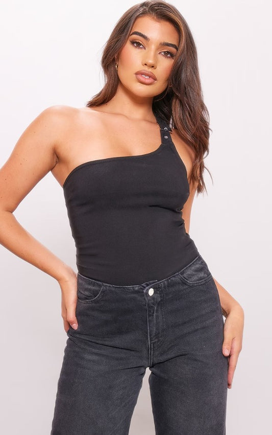 Black Stretch Woven One Shoulder Buckle Strap Long Top