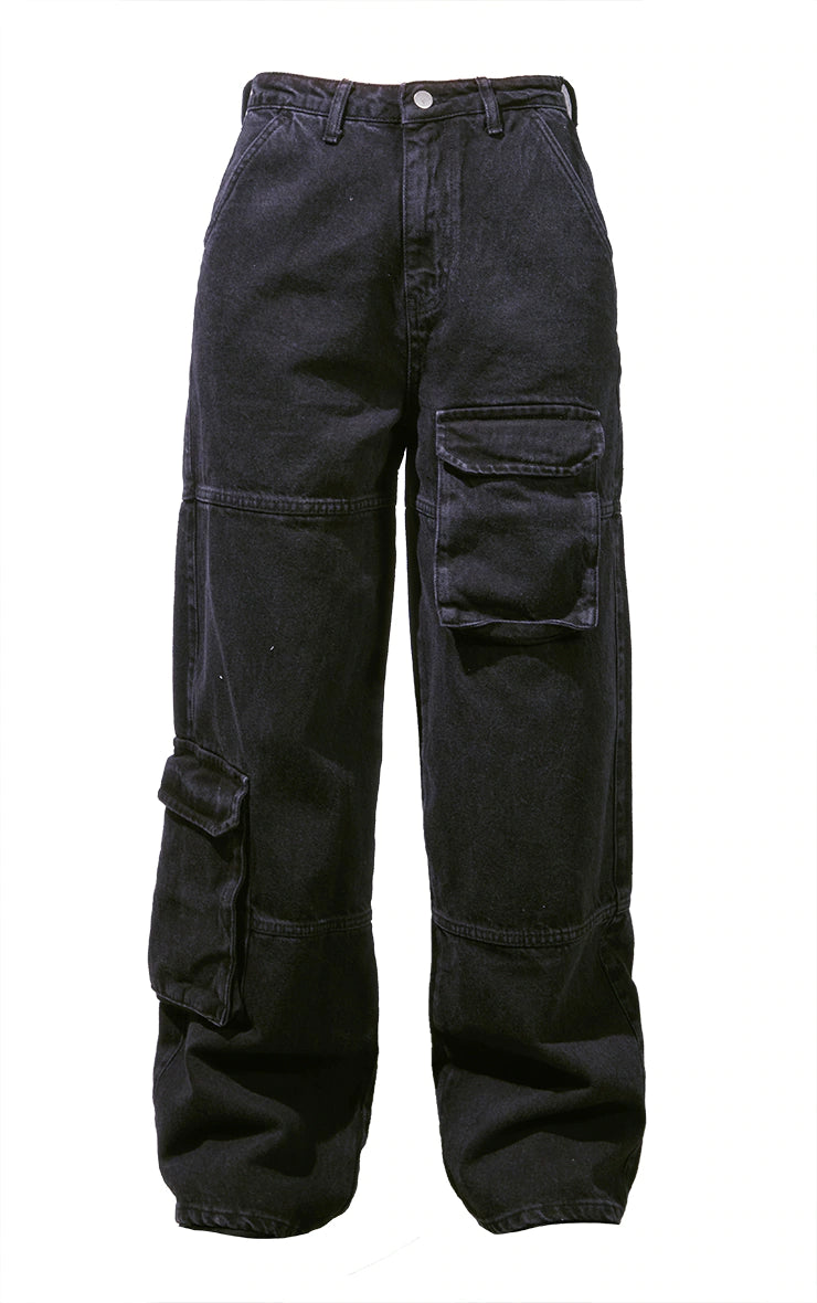 Black Cargo Pocket Wide Leg Jeans