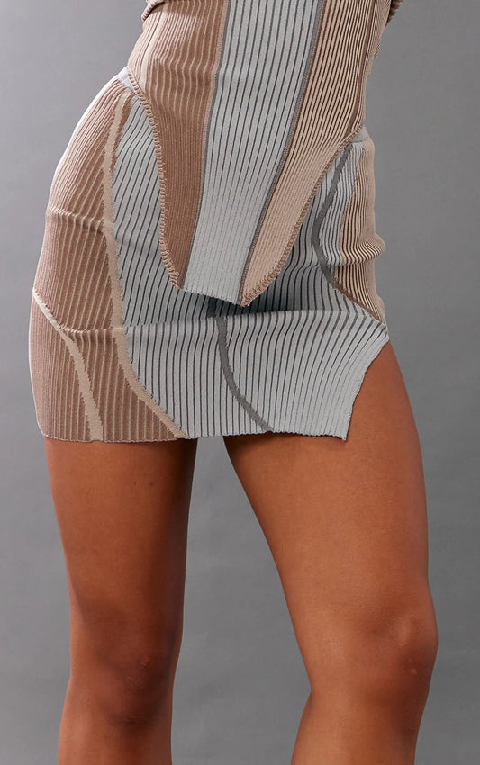 Taupe Asymmetric Two Tone Knit Micro Mini Skirt