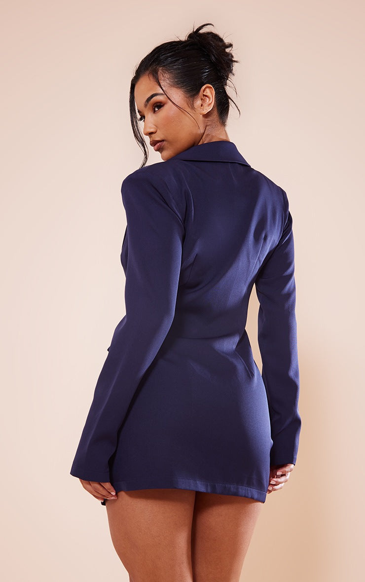 NAVY DOUBLE BREASTED ASYMMETRIC HEM BLAZER DRESS