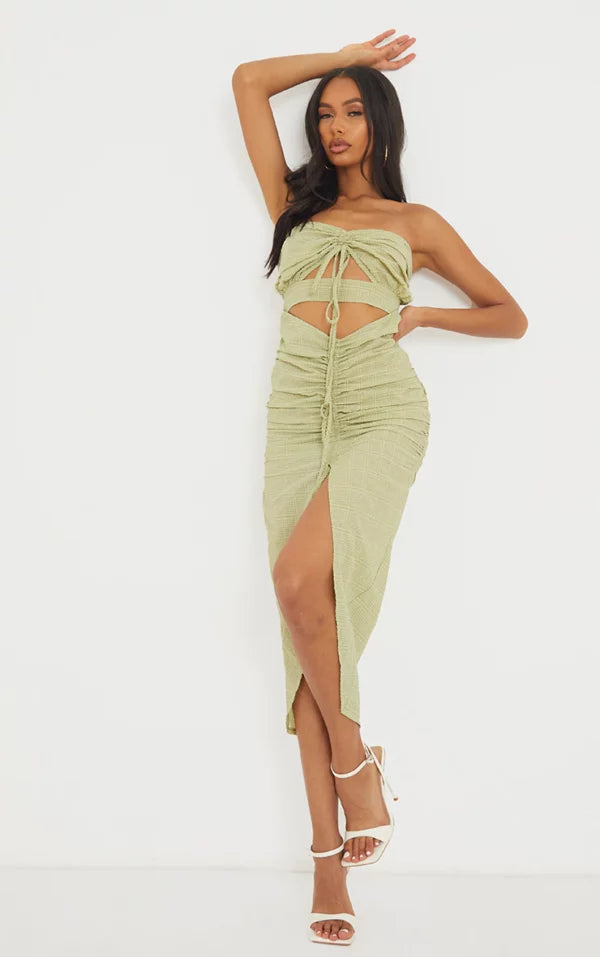 Green Textured Bandeau Cut Out Ruched Midi Dress