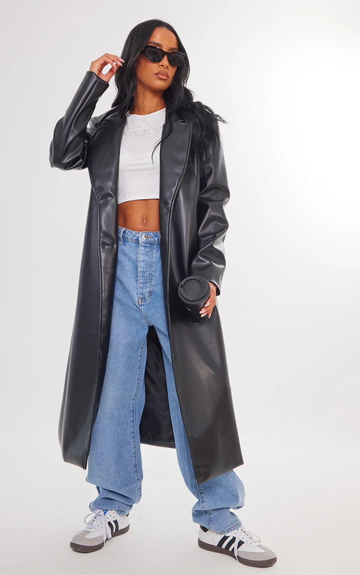 Black Shoulder Padded Faux Leather Longline Coat