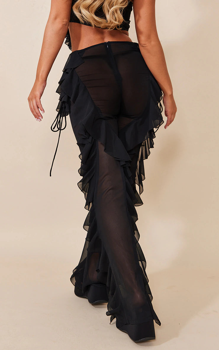 BLACK SHEER CHIFFON TIERED RUFFLE FLARED PANTS