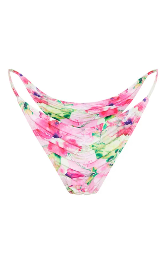 Multi Floral Ruched Super High Leg Bikini Bottoms