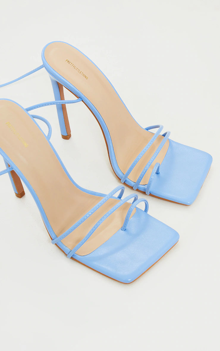 BLUE PU SQUARE TOE LACE UP TOE LOOP HEELS