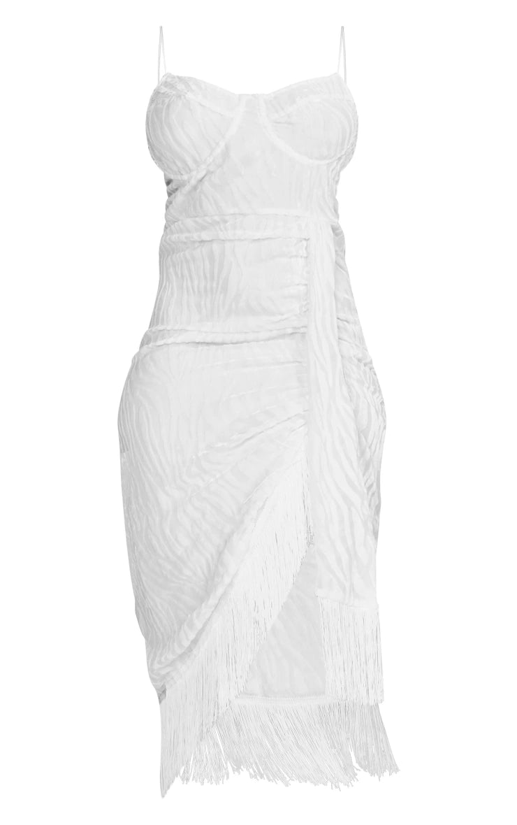 Plus White Devore Tassel Detail Underwired Draped Midi Dress