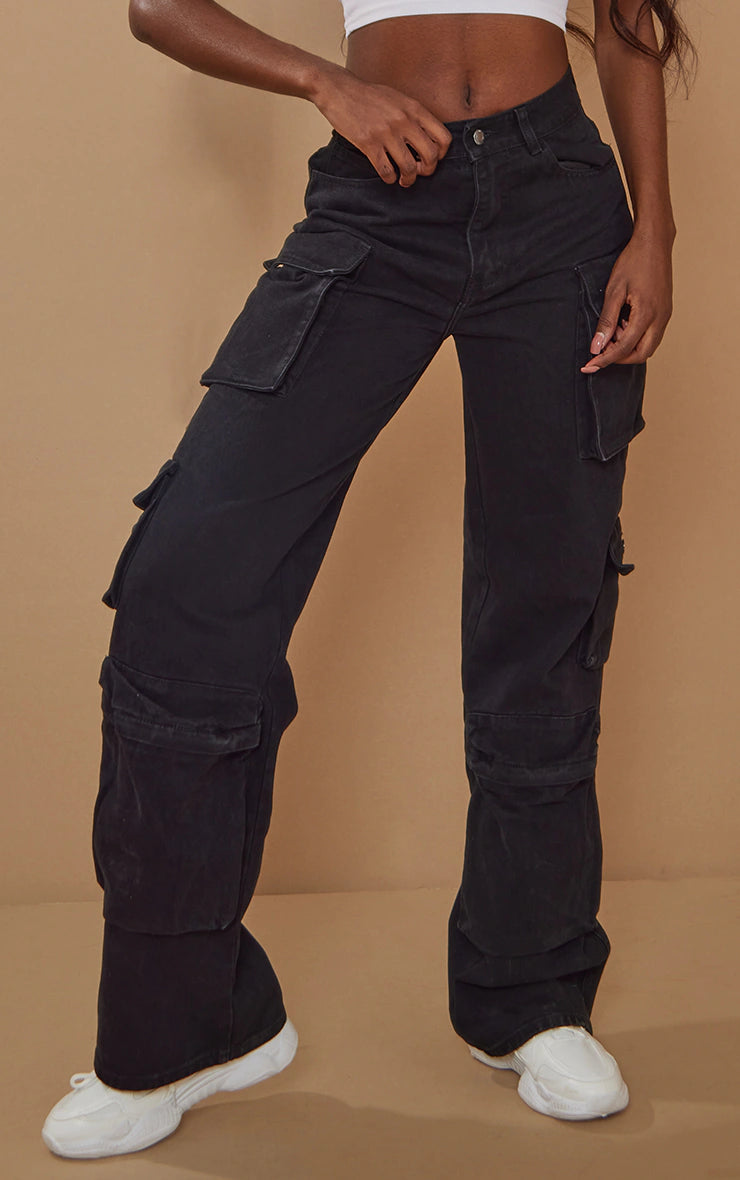 Tall Black Cargo Pocket Detail Mid Rise Wide Leg Jeans