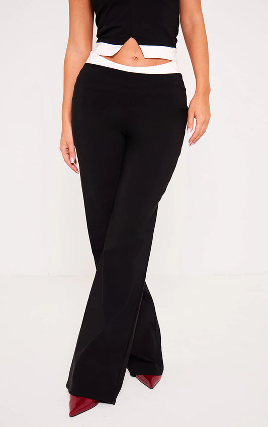 Black Stretch Woven Contrast Wide Leg Pants