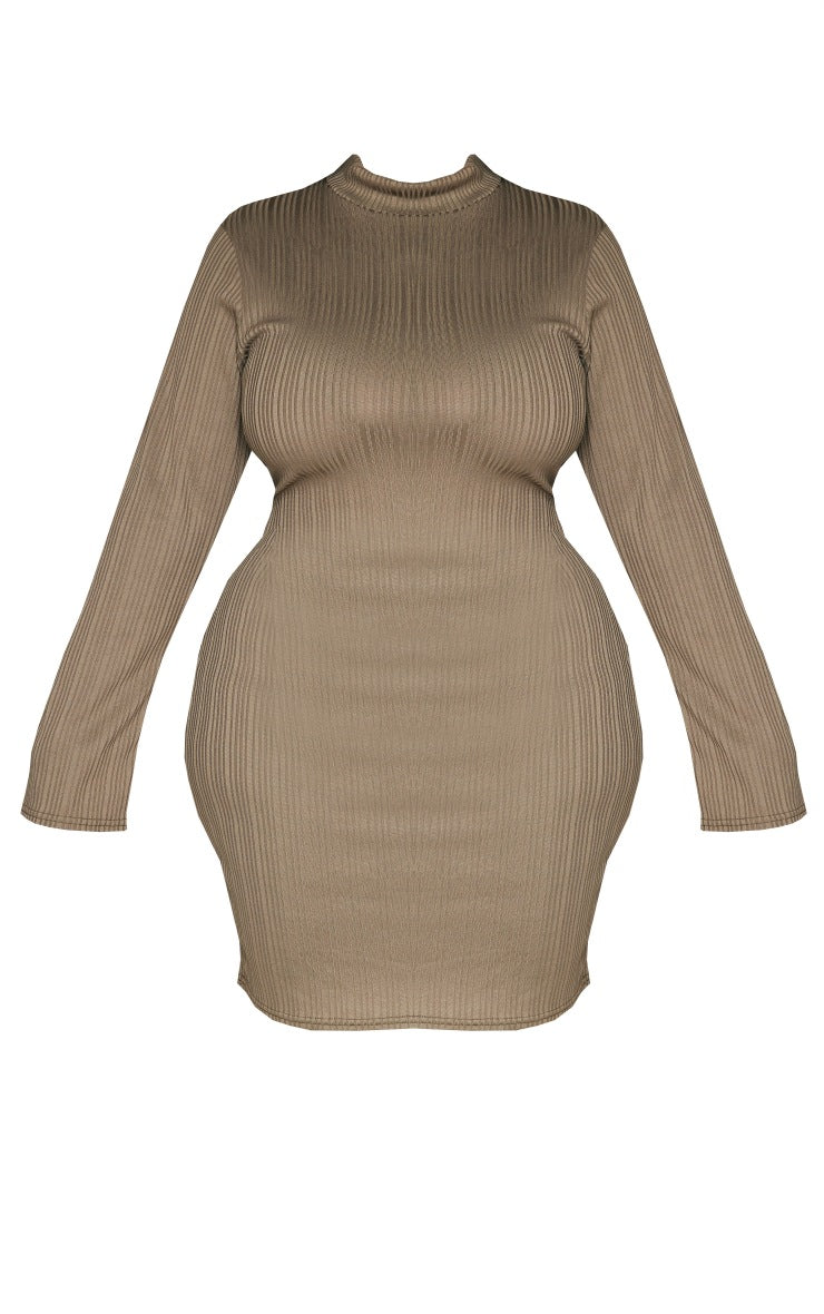 Plus Khaki Rib High Neck Bodycon Dress