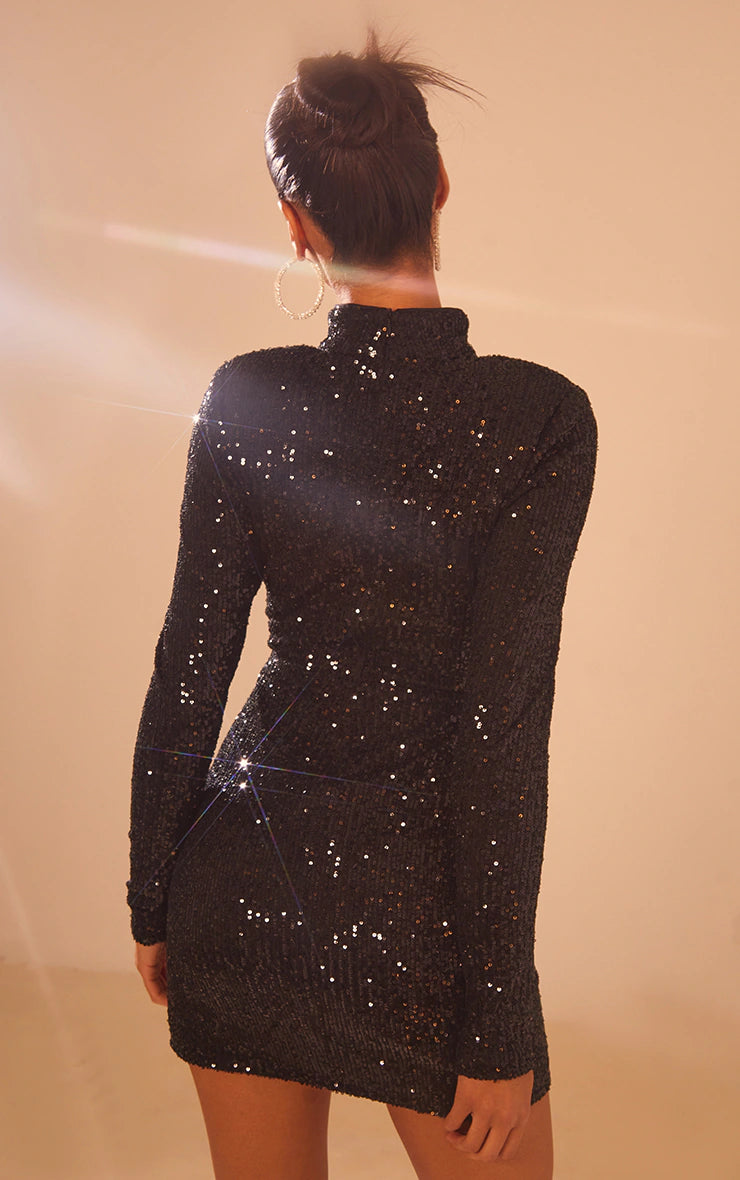 Black Sequin High Neck Long Sleeve Cut Out Split Hem Bodycon Dress